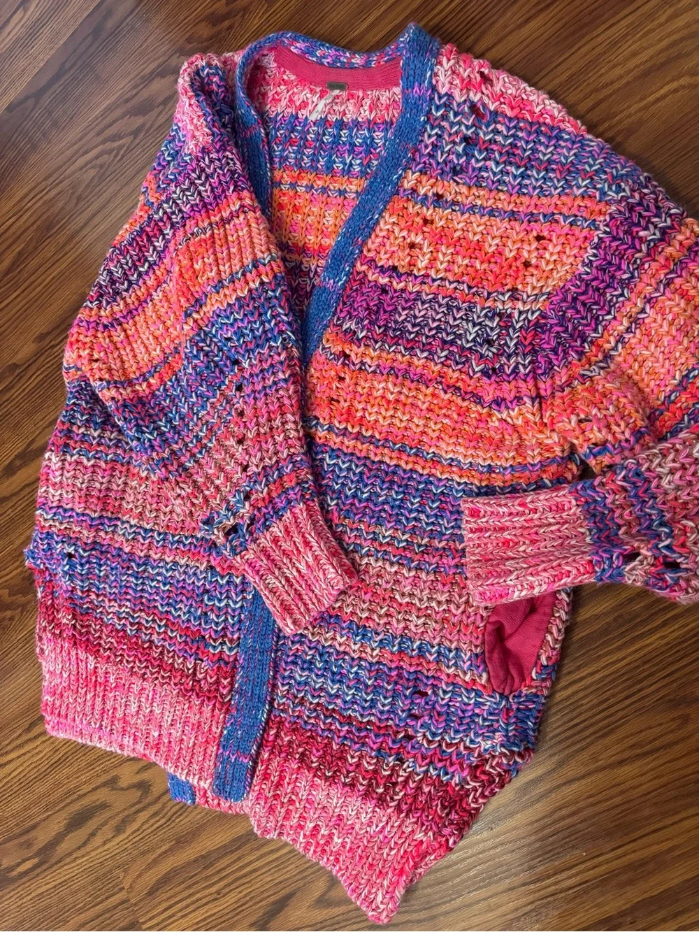 Free People Chunky Knit Open Front Cardigan Sweater Multicolor Boho Oversized XS